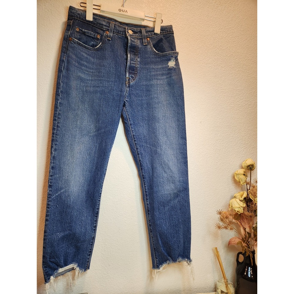 Levi's 501 Premium Jeans Distressed‎ Cropped Denim Blue Womens w28